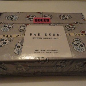 RAE DUNN Queen Sheet Set, NEW, Skull, Magick Halloween H149, Gray Grey White
